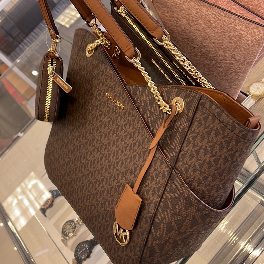 MICHAEL KORS LG X CHAIN SHOULDER TOTE &  JST Large Travel CONTINENTAL Wallet - Picture 13 of 16